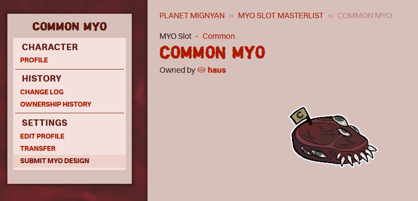 A Common MYO slot on the masterlist. The option 'Submit MYO Design' is being hovered over on the left sidebar.