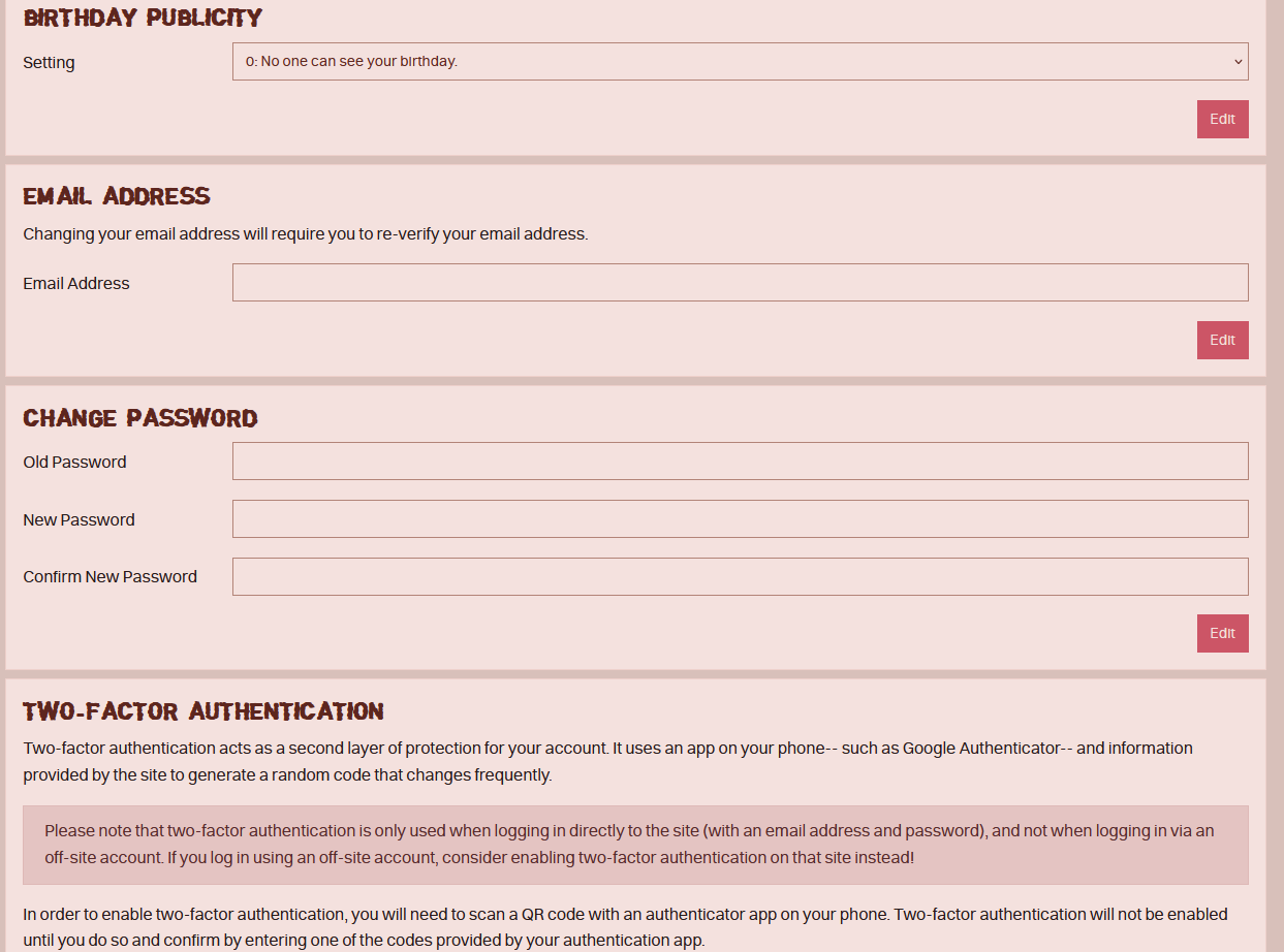 The user settings page, showcasing the birthday publicity, email address, and change password inputs, as well as the option to enable two-factor authentication.