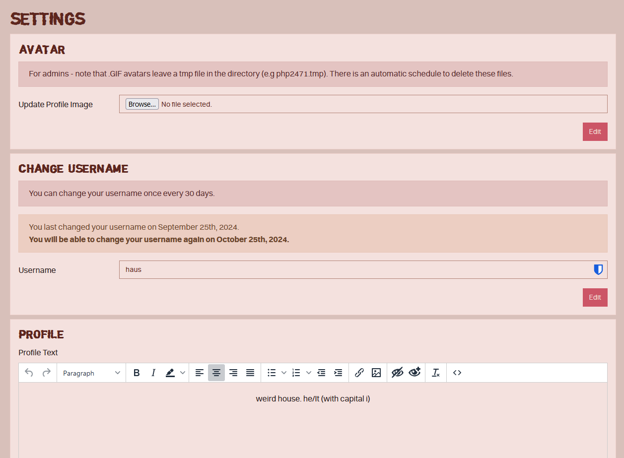 The user settings page, showcasing the avatar, username change, and biography inputs.