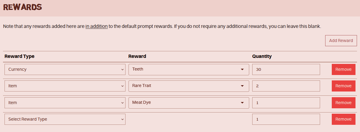 The rewards section being filled out.