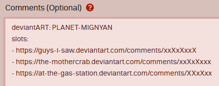 A screenshot of the Comments box, with a submission that fits the guidelines stated above. The username, as well as each individual slot, are on their own line.