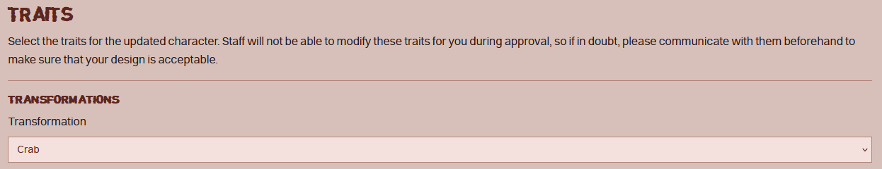 The Traits page of the Design Update submission form, with 'Crab' selected under Transformations.