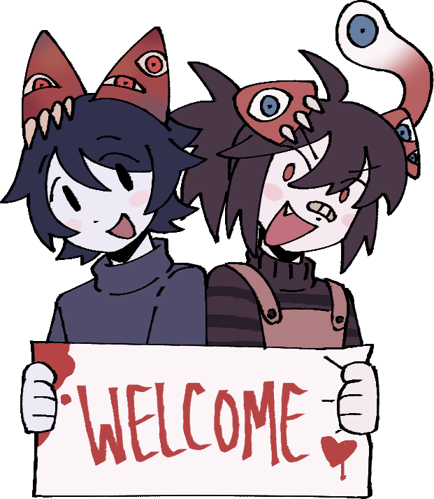 Meat-Kun holding a slightly bloodied sign that says welcome